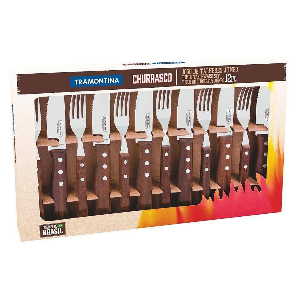 Tramontina Churrasco 12 Pcs Jumbo Steak Knife & Fork Set Wooden Handle