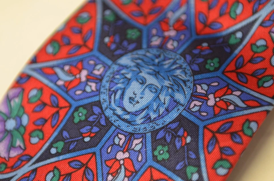 Corbata Gianni Versace 100% Seda Cabeza de Medusa Flores Azul Púrpura Rayas España Foto 3 de 4