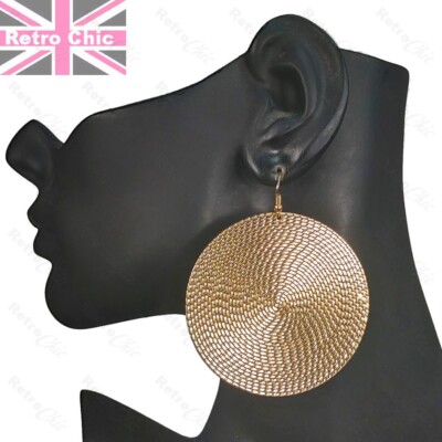 GROSSE OHRRINGE 6cm rund Scheibe KREISE Korbstruktur Metall GOLDFARBEN Mode groß