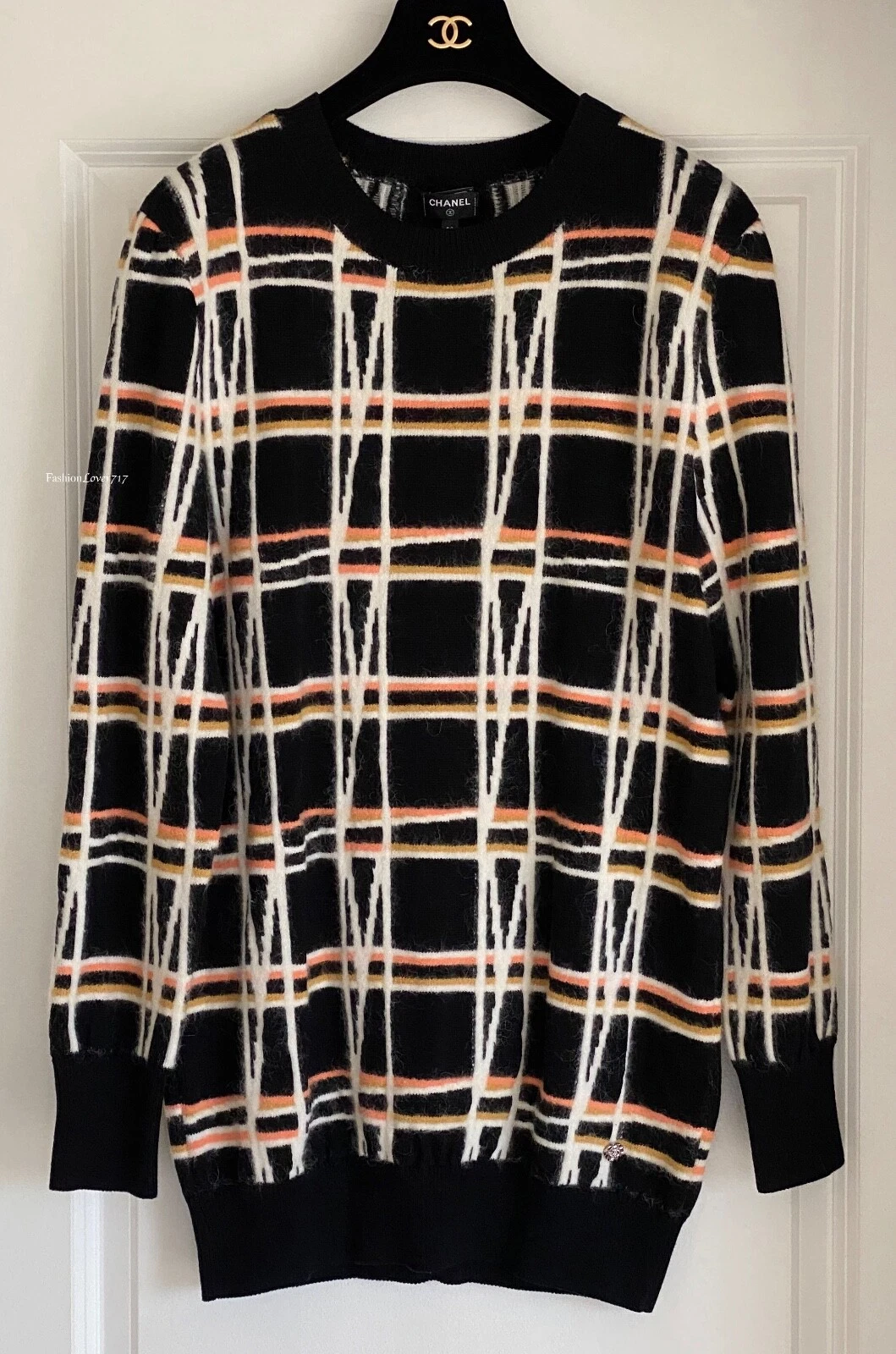 ABITO TUNICA MAGLIONE MAGLIA CHANEL 22A NERO BIANCO ROSA GIALLO 34