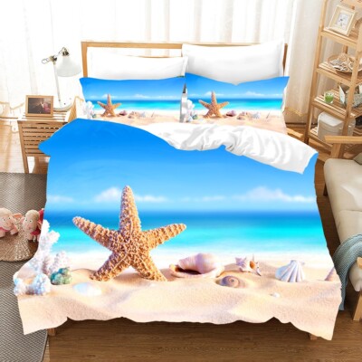 3D Beach Starfish Conch Sky Clouds Quilt Cover Set Bedding Sets Pillowcases 64