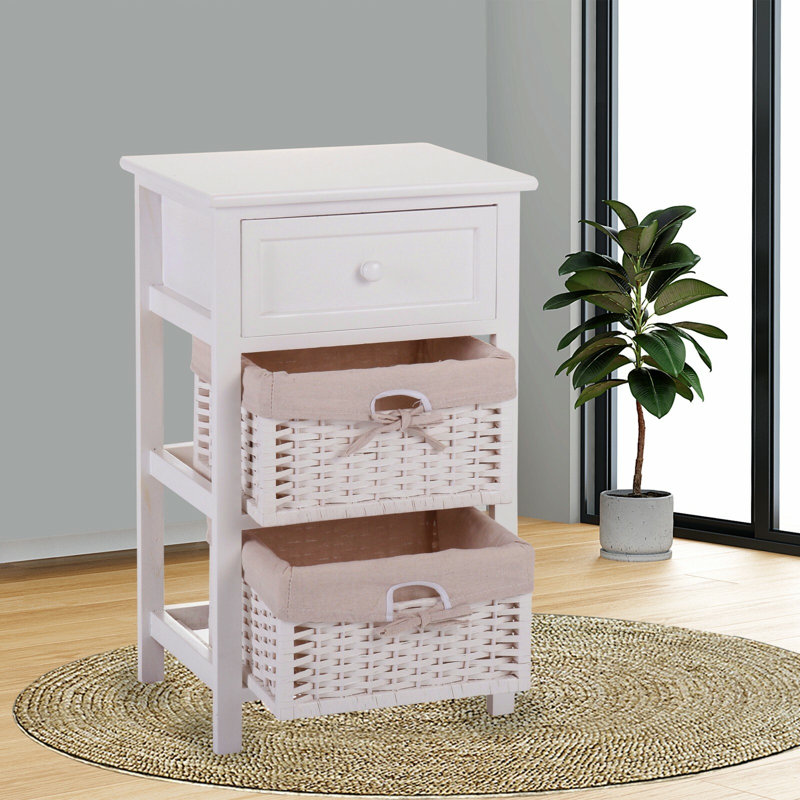 Modern Nightstand with Wooden & Wicker Drawers for Bedroom-image