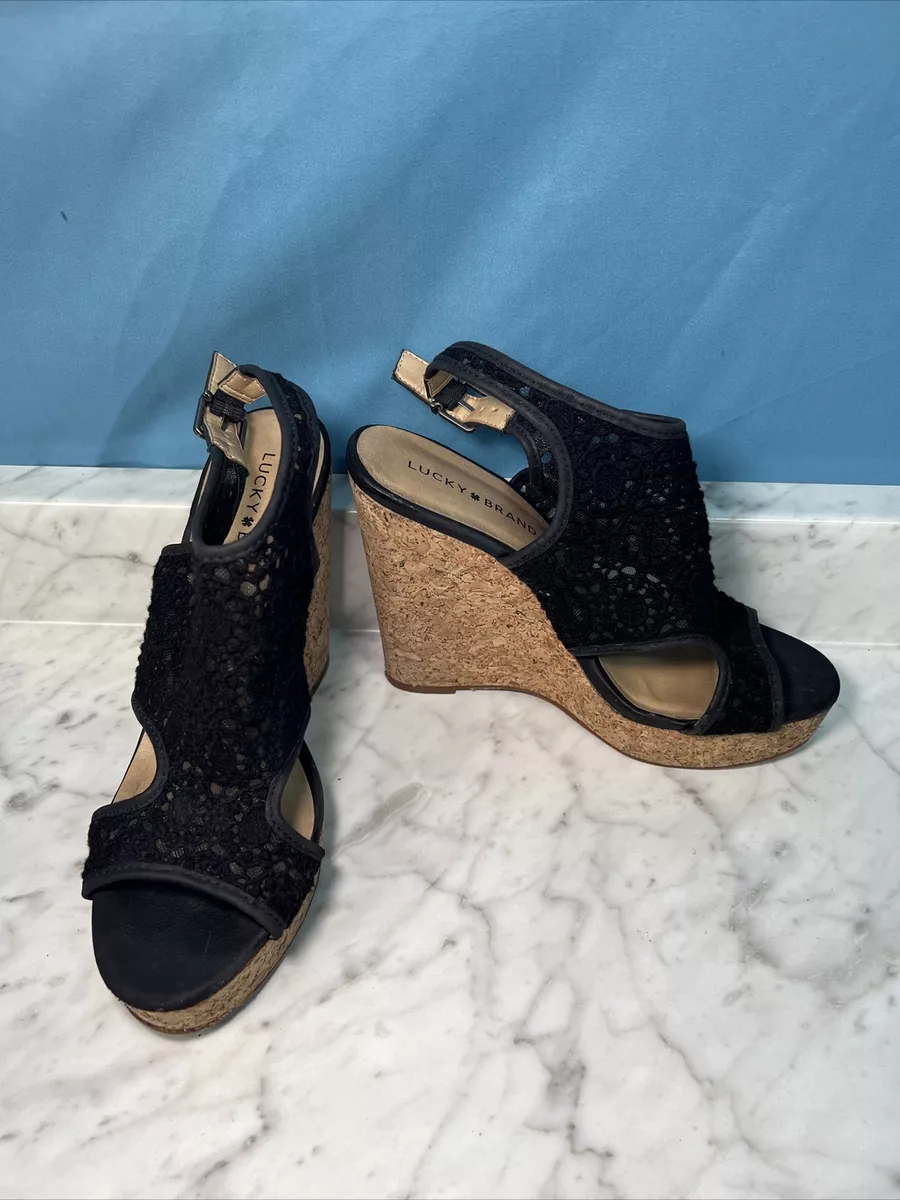 Lucky Brand W Size 8M 38 Black Lace Cork Wedge Shoes Sandals Peep Toe 5