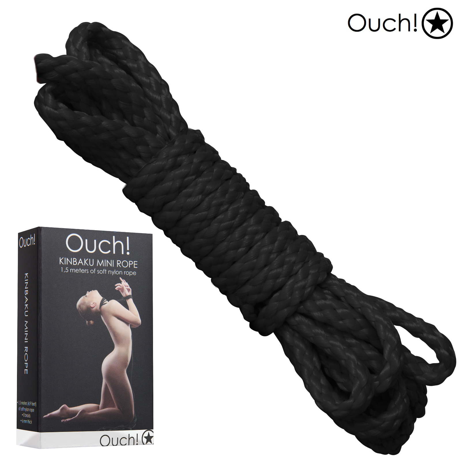 Ouch! Kinbaku Mini Rope Corda BDSM Nera da 1,5m in Morbido Nylon Intrecciato
