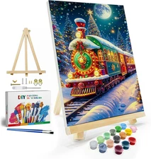 Christmas Paint by Numbers Kit for Adults with Frame, Moon Train Paint by Number