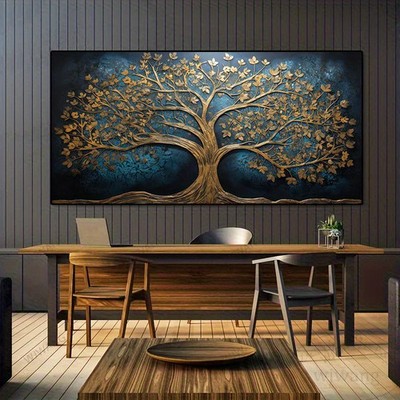 Abstract Tree of Life Wall Art Canvas Painting Golden & Navy Blue Tree Print Art