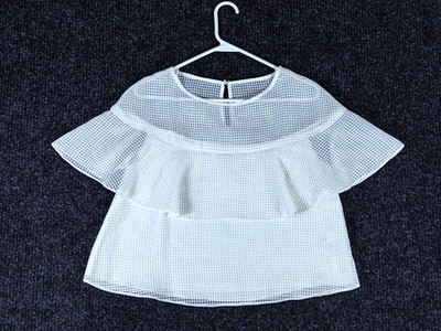 WHIT White Open Grid Mesh Tiered Ruffle Crop Blouse Semi-Sheer Size S-W0130