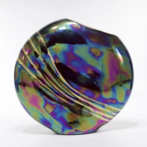 Post-Modern Black Iridescent Oil Slick Vase 1980s Vintage Round Ribbed Gold 6"