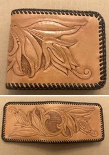 Vintage Hand Tooled Leather Wallet Floral Embossed Laced Edge Western Unused