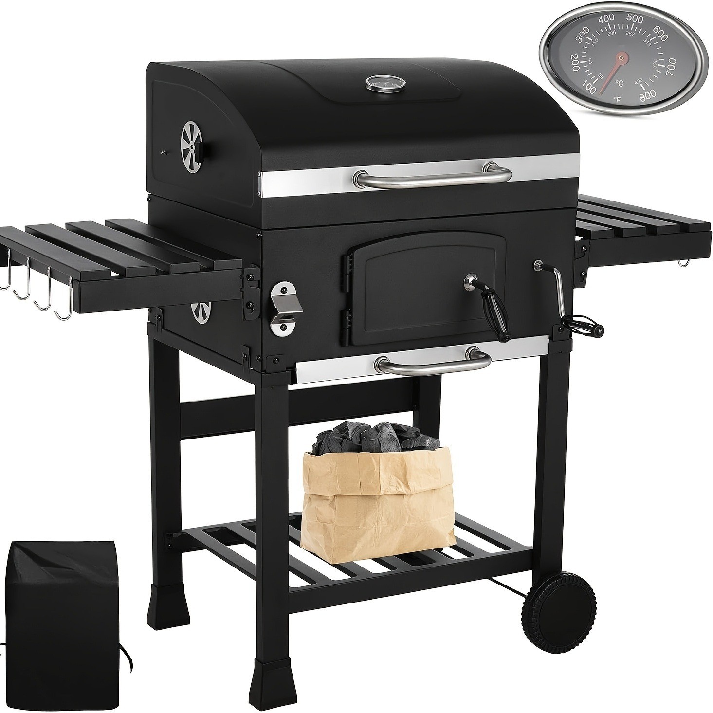 Barbecue charbon fumoir mobile avec thermomètre intégré et tablette pliante en acier