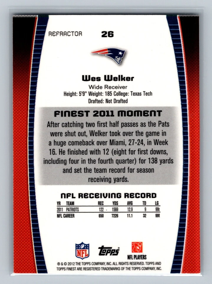 Wes Welker 2012 Finest #26 New England Patriots - Image 2 of 2