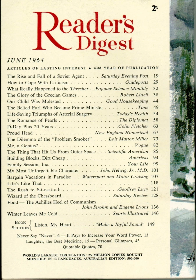 Reader's Digest - June 1964 - Thresher, Alexander Douglas-Home + Bobby Fischer - Image 2 of 2