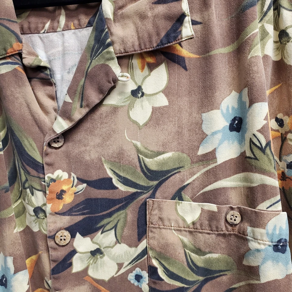 Camisa Monterey Club Para Hombres 2XL Marrón Seda Hawaiana Floral Abotonada Campamento Informal Foto 2 de 4