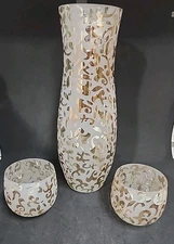 Frosted White & Gold Vase W/2 Candle Holders Fair Trade Ten Thousand Villages