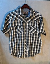 Mens XL Wrangler Retro Black/White Plaid Pearl Snap Closure Short Sleeve Shirt