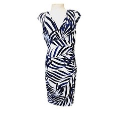 Lauren Ralph Lauren bodycon dress size 10 blue white abstract leaves cross front