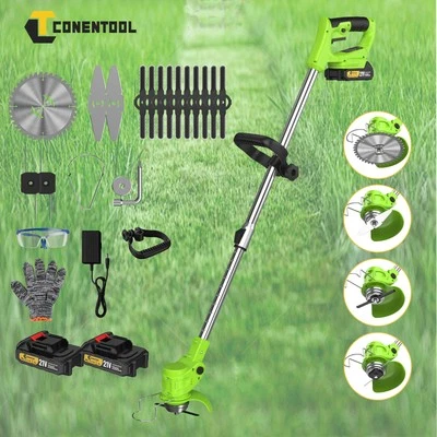 CONENTOOL Elektro Akku Rasentrimmer mit 2 Akku und Ladegerät Freischneider Motorsense Grün