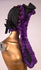RARE CIVIL WAR 1860 S BLACK SILK BONNET W POM POMS FAUX PURPLE FUR TRIM