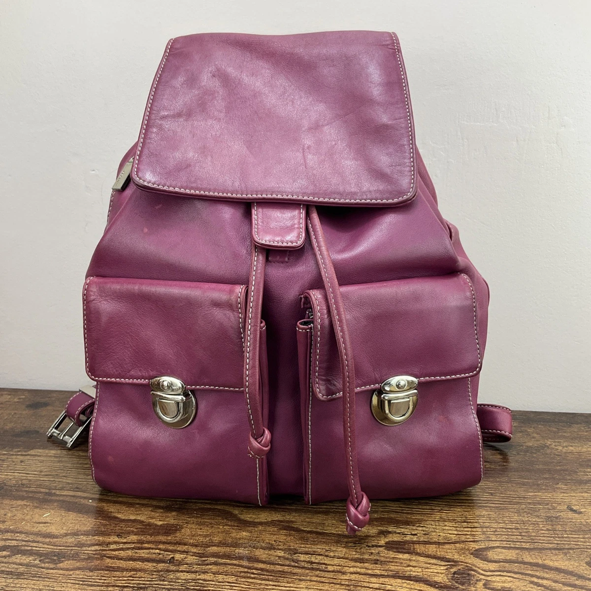 Perlina Magenta Leather Backpack With Flap Drawstring Closure Side Zipper VTG Vintage Perlina backpack leather black drawstring closer and  main image 2