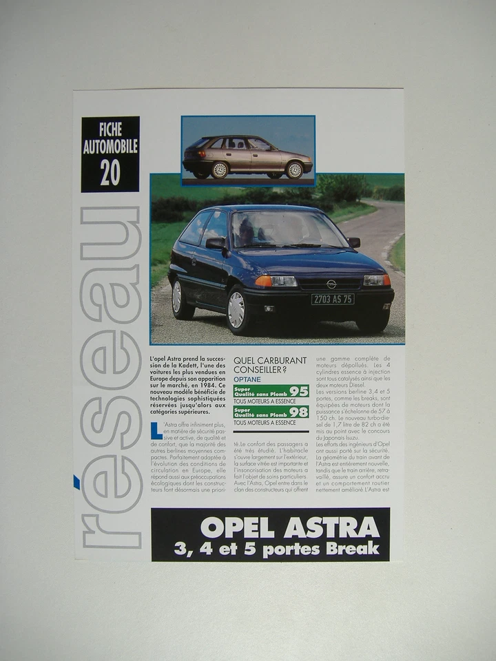 fiche automobile RESEAU ELF n°20 OPEL ASTRA 3,4, et 5 portes break - Photo 1/1