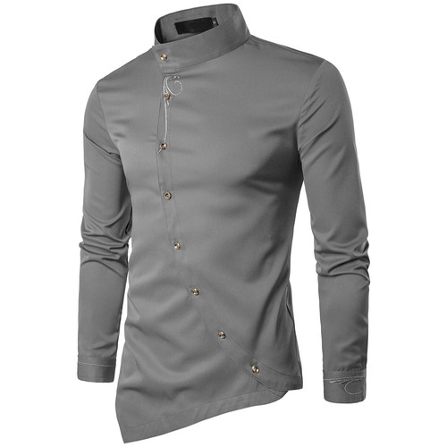 New Mens Tuxedo Long Sleeve Shirts Oblique Button Mandarin Collar Slim