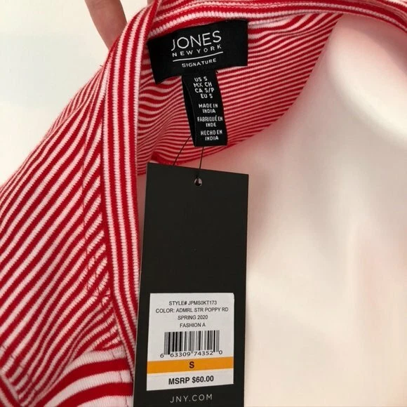 Regata nova com etiquetas Jones New York JNY Admiral vermelha branca 100% algodão listrada pequena P - Imagem 3 de 4