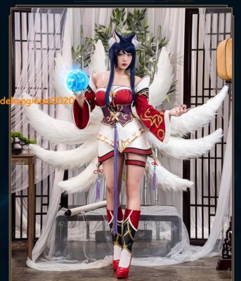 LOL League of Legends Ahri Cosplay Custome Set Dress&Tail Women