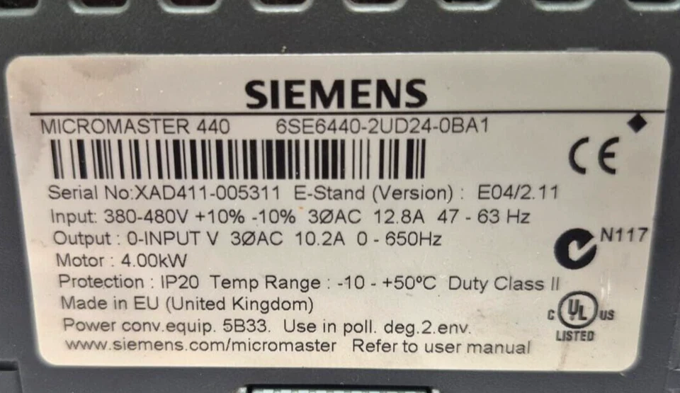 SIEMENS MICROMASTER 440 6SE6440-2UD24-0BA1 DRIVE 4KW 5HP - Image 2 of 4