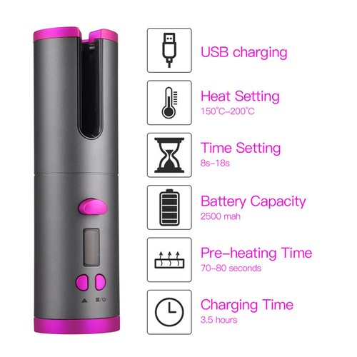 Rizador de cabello de cerámica inalámbrico plancha rizadora de cabello LCD rotación automática calor rápido - Imagen 6 de 9