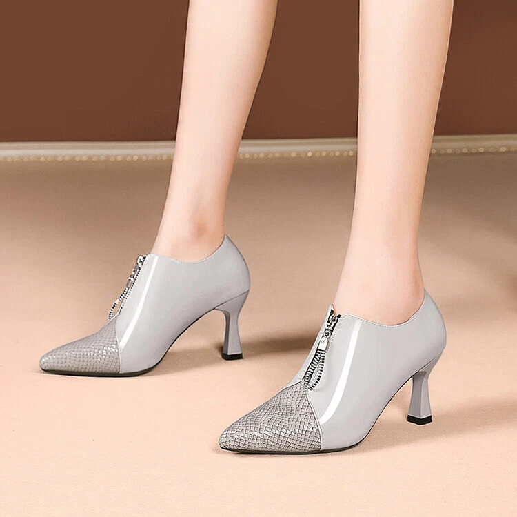 Women Casual Pointed Toe Pumps Office Lady Heels Mid Heel Front Zipper Bootie
