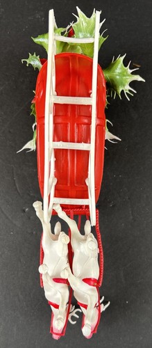 Vintage Plastic Santa Claus Sleigh 2 White Reindeer & Poinsettia Christmas 12" - Picture 7 of 17