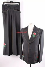 Men 2Pc Vintage 70s Western Black Embroidered Cowboy Suit Men's