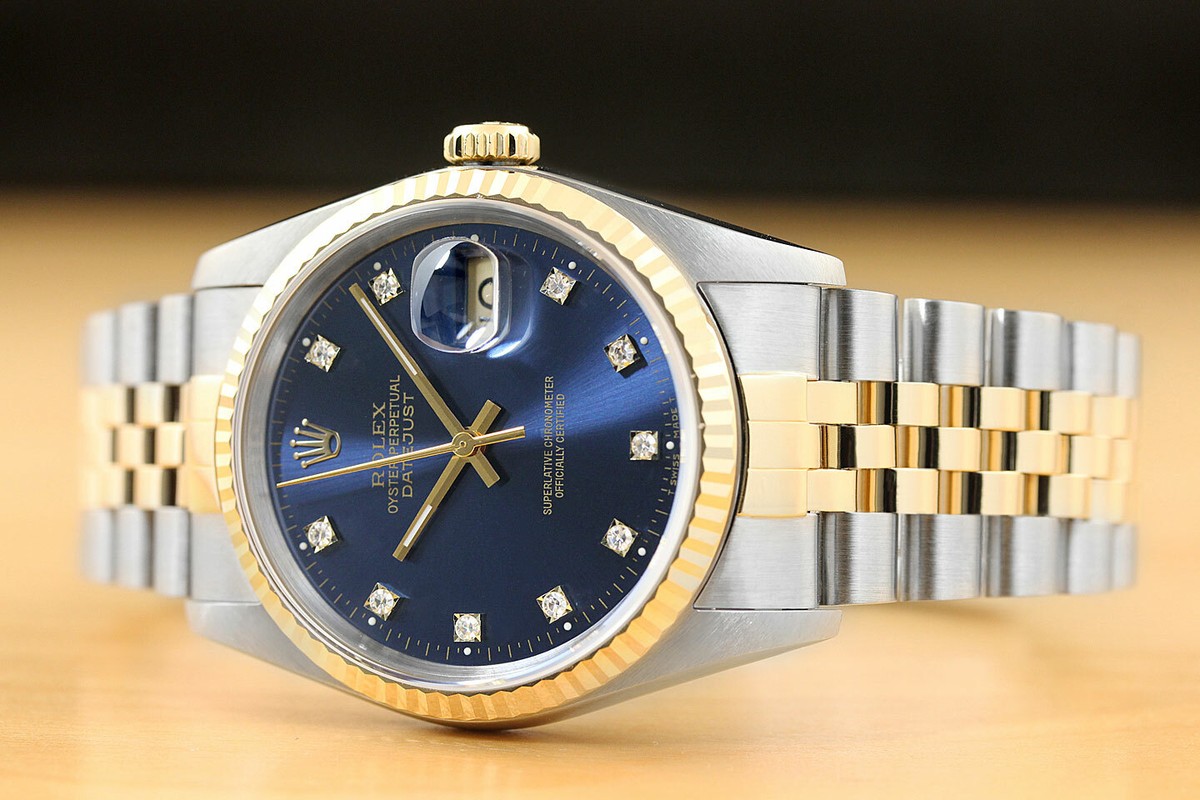 ROLEX MENS DATEJUST 16233 BLUE TWO-TONE FACTORY DIAMOND DIAL