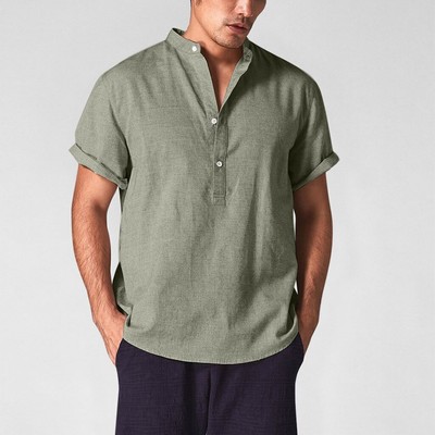 Mens Linen Short Sleeve Shirt, Stand-Up Collar, Plain, Regular Fit, 65% Linen Bl