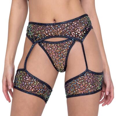 Sequin Fishnet Garter Belt Iridescent Trim Wide Straps Dance Rave Black  6230 | eBay
