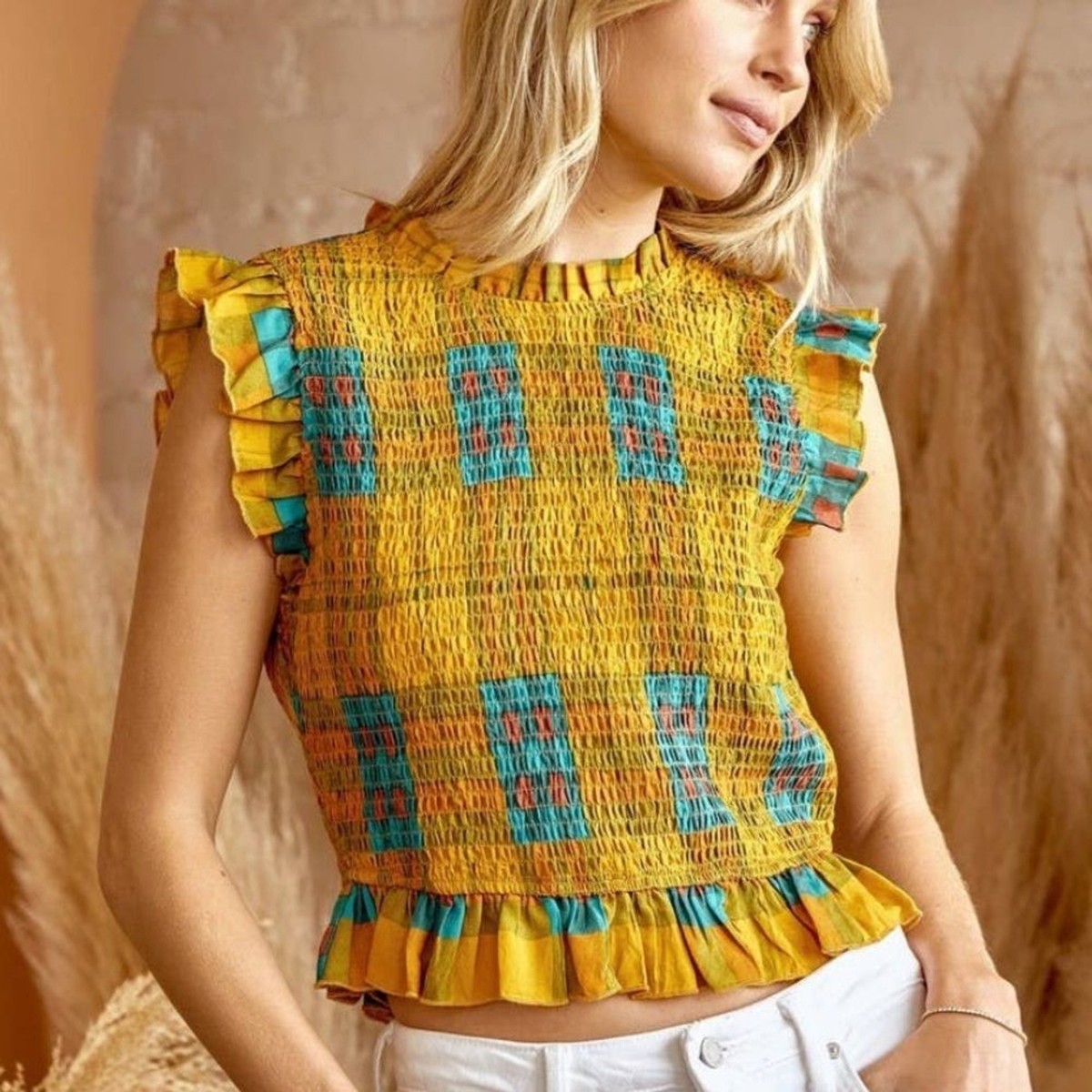 Andree by Unit Marley Mock Neck Smocked Top Plaid Pattern Yellow