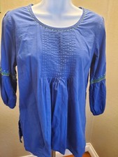 Fabindia Womens Pintuck Kurta Blue Cotton 3/4 Length Sleeve Round Neck Sz S