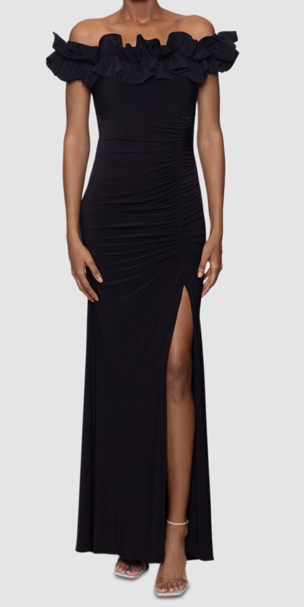 xscape off the shoulder black dress Xscape Short Scuba Off the Shoulder Ruffle Women's Dress Black : 16