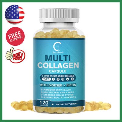 Multi Collagen Peptides-120 Capsules-Type I,II,III,V,X Anti-Aging Collagen Caps