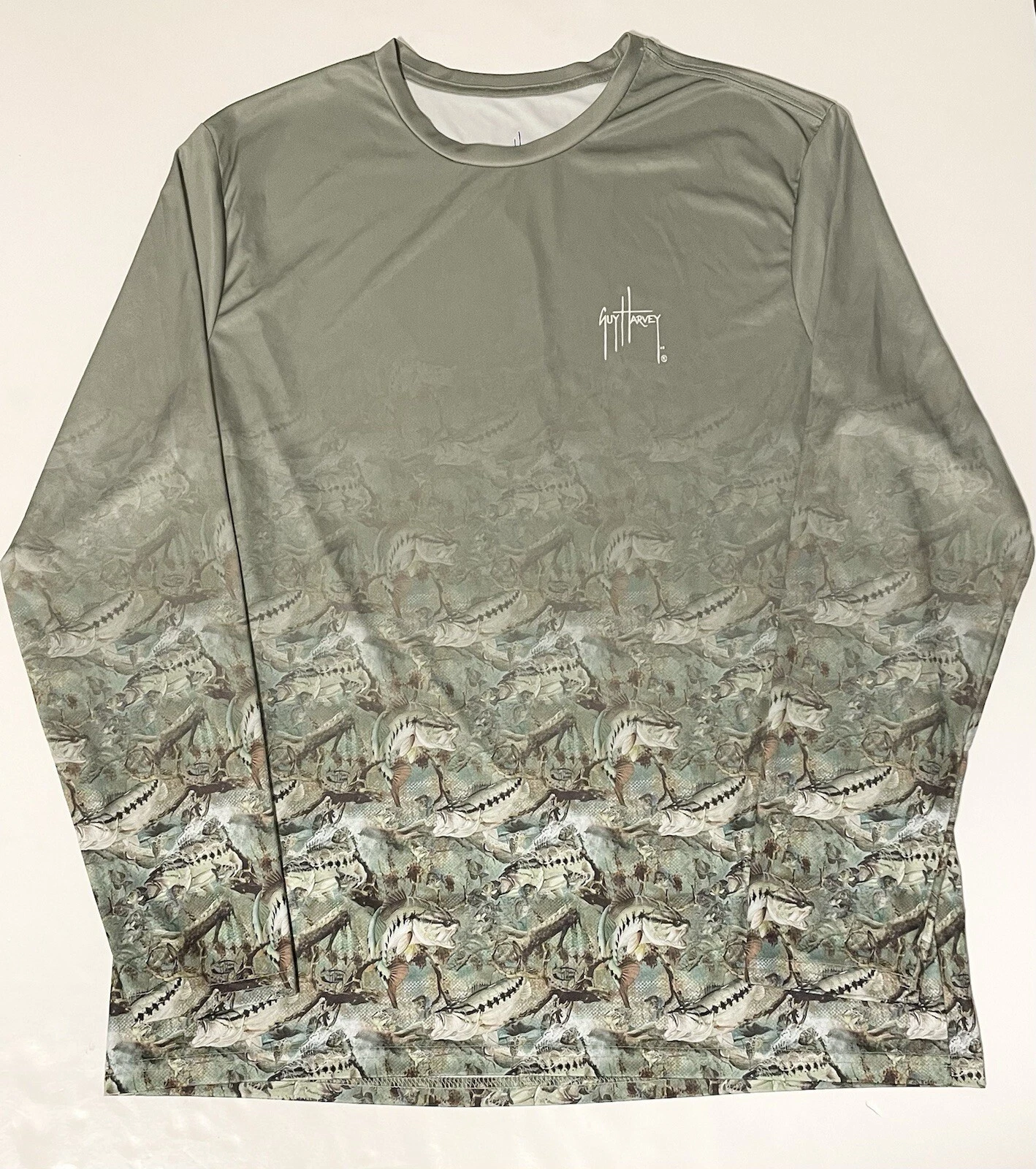 Guy Harvey Fishing Shirt Mens XL Green Graphic Fade Moisture Wicking Long Sleeve