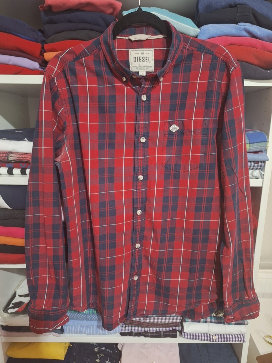 SH109 Diesel Vintage Red Tartan Check Long Sleeve Shirt LARGE 