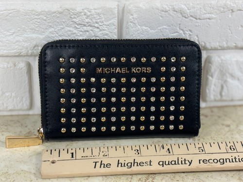 MICHAEL KORS Studded Card Case Zip Black Leather Small Wallet Gold Tone Hardware - Bild 18 von 21