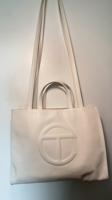 Telfar White Tote Bag Embossed Logo Double Handles Crossbody Strap Magnetic Snap