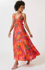 Farm Rio Red Tropical "Good Vibes" Cotton Halter Sleeveless Maxi Dress Sz Small