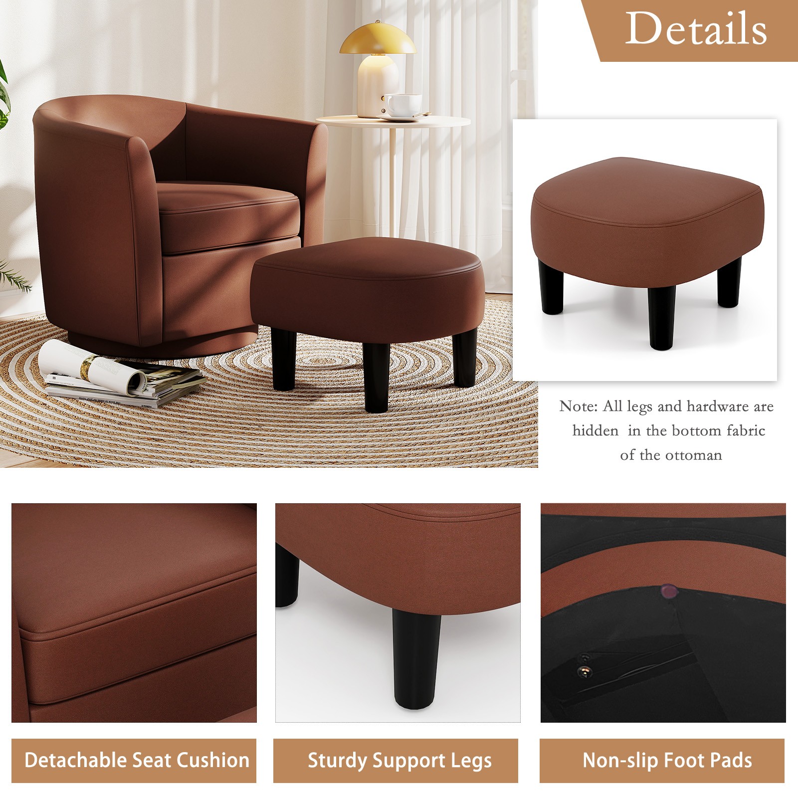 Swivel Barrel Chair with Ottoman Footrest Curved Backrest & Armrests Living Room