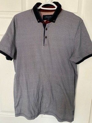 Ted Baker Grey Micro-Print Polo Shirt Size 4 (Large) | Navy Contrast Trim