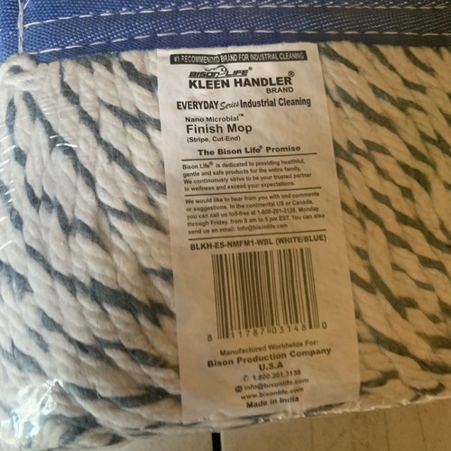 KLEEN HANDLER Finish Mop CUT-END STRIPE Blue/ White NANO MICROBIAL Bison WYZ - Picture 2 of 3