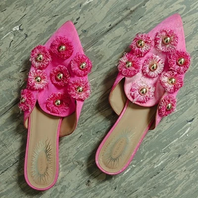 Vintage Aquazzura Mules Pink Satin Pantoletten Pom-Pom Spitze Flache Schuhe 36,5 - Bild 1 von 4