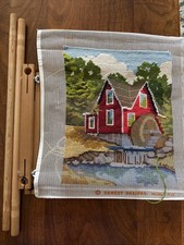 VTG Scroll Frame 21x12   Needlepoint Sunset Autumn Mill Pond 11X14 Partial