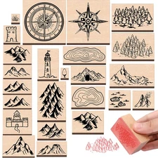 Marspark 24 Pcs Compass Mountains Stamp Combo Map Making Rubber Stamp Kit Com...